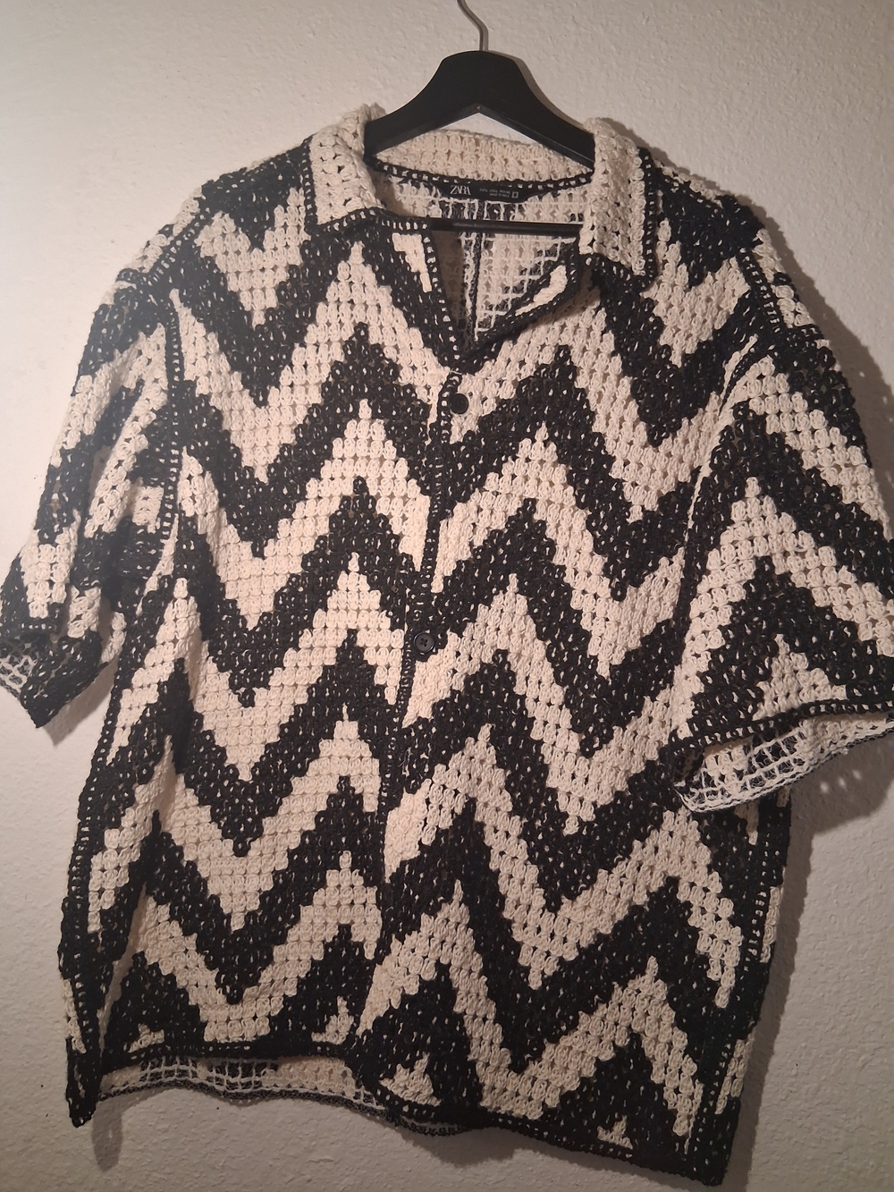 Zara Black and White Chevron Crochet Button-Down Shirt